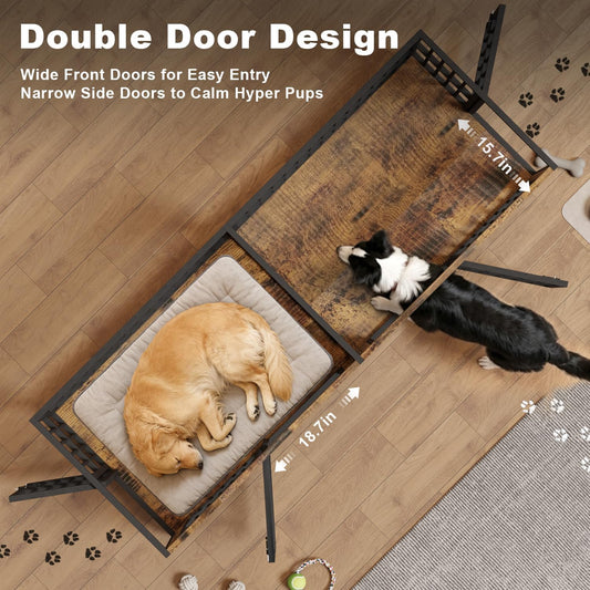 88" Dog Crate Furniture for 1 or 2 Dogs, Heavy Duty Double Dog Crates for Medium/Large Dogs, Indoor Dog Kennel Furniture as TV Stand, Large Wooden Cage with 4 Doors