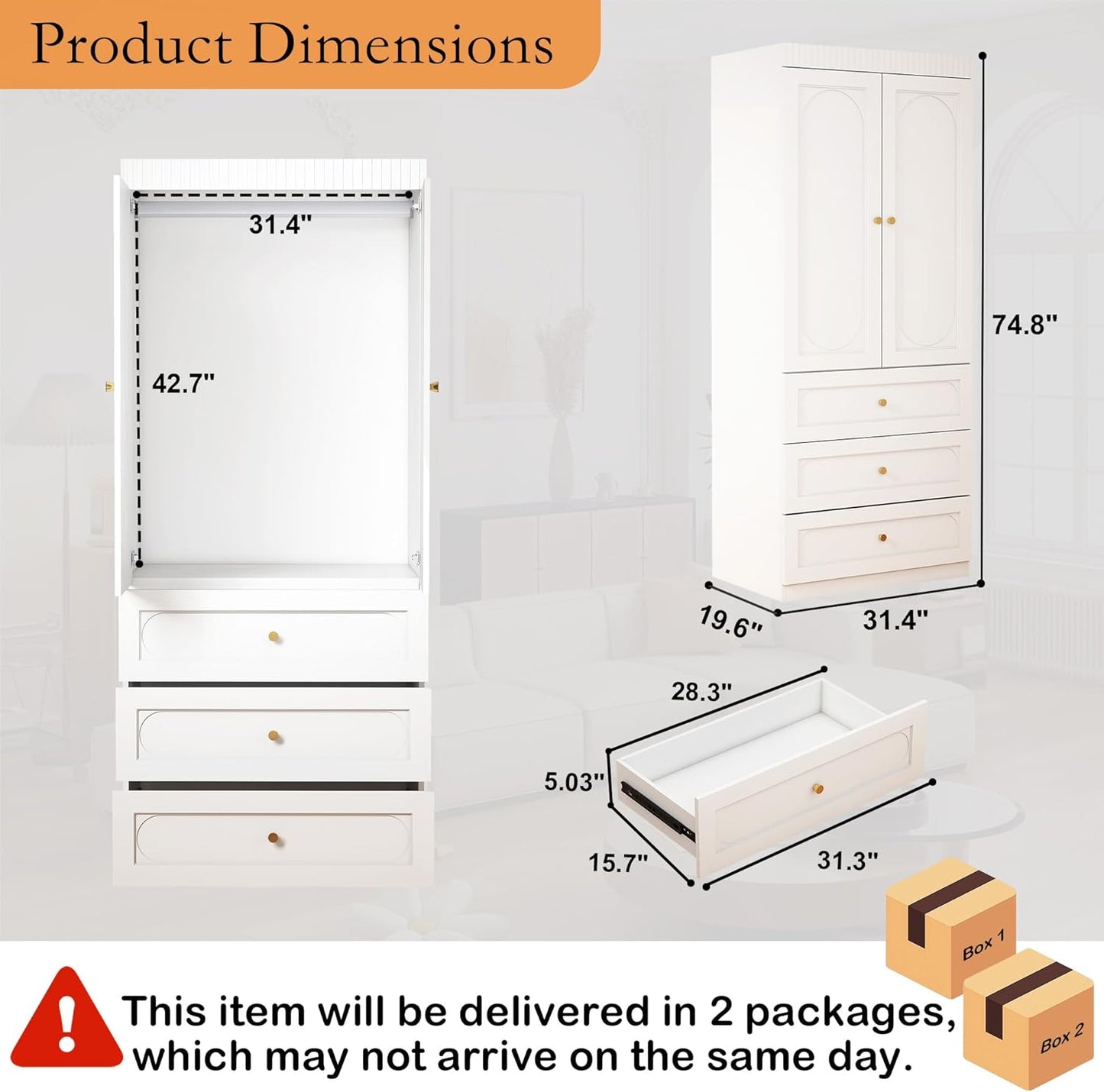 Wooden Wardrobe Closet with Doors: 75" Tall White Armoire Wardrobe Closet with 3 Drawers and 2 Doors, Modern Clothes Cabinets for Bedroom Armoires with Hanging Rod (3-Drawers, 31.5")