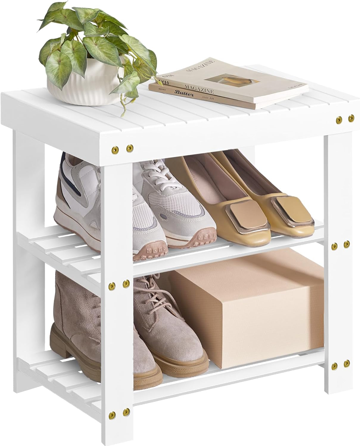 Shoe Rack Bench, 3-Tier Bamboo Shoe Storage Organizer, Entryway Bench, Holds up to 286 Lb, 11.3 X 27.6 X 17.8 Inches, for Entryway Bathroom Bedroom, Ink Black ULBS04H
