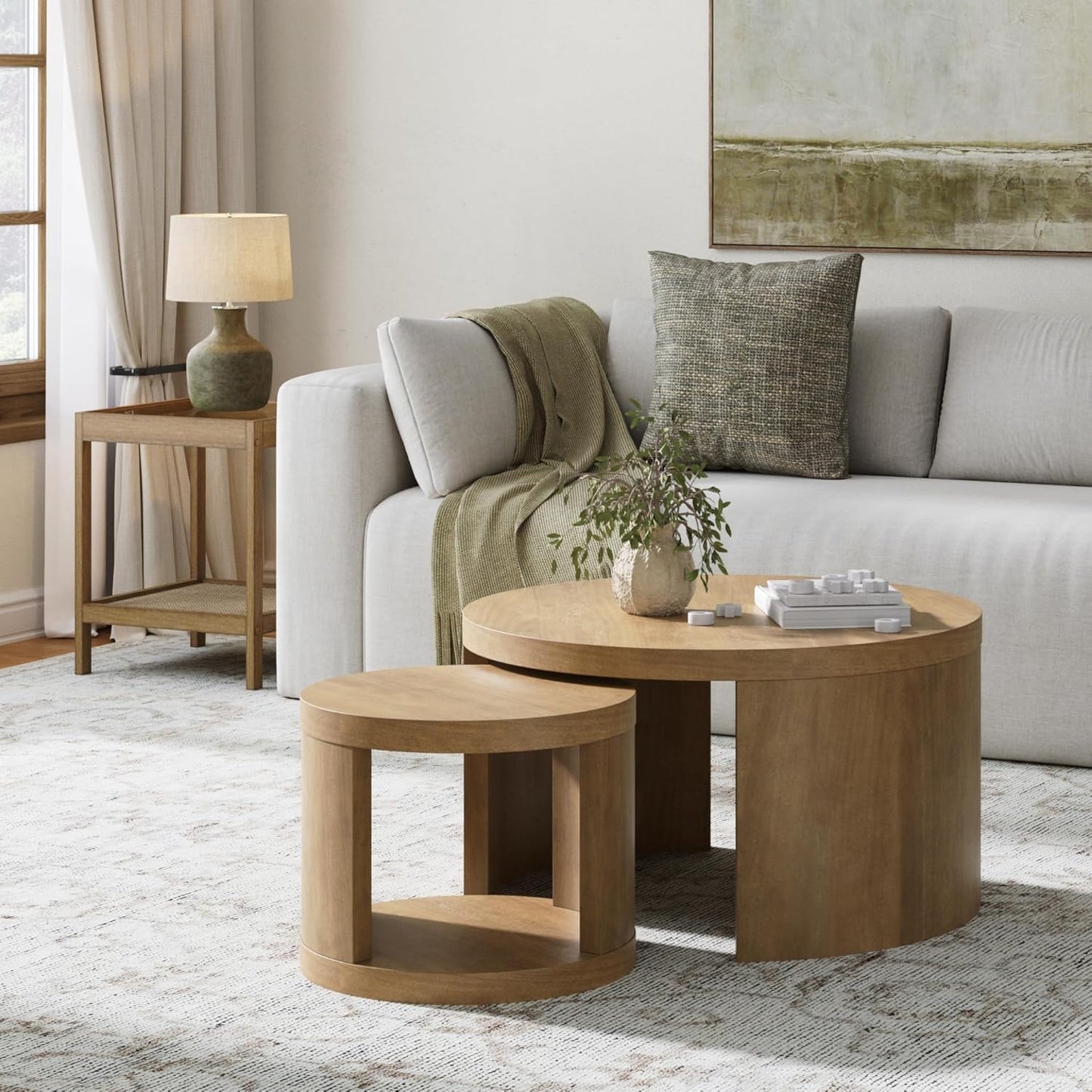 Uchu Mid Century Modern 2-Piece Nesting Coffee Table, round Wood Coffee Table with Storage, Light Brown