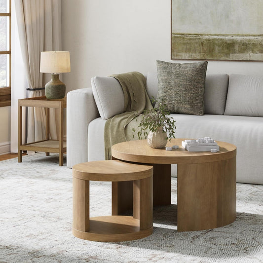 Uchu Mid Century Modern 2-Piece Nesting Coffee Table, round Wood Coffee Table with Storage, Light Brown