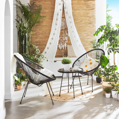 3-Piece Outdoor Seating Acapulco Chair, Modern Patio Furniture Set, Glass Top Table and 2 Chairs, Indoor and Outdoor Conversation Bistro Set, Ink Black UGGF011B01