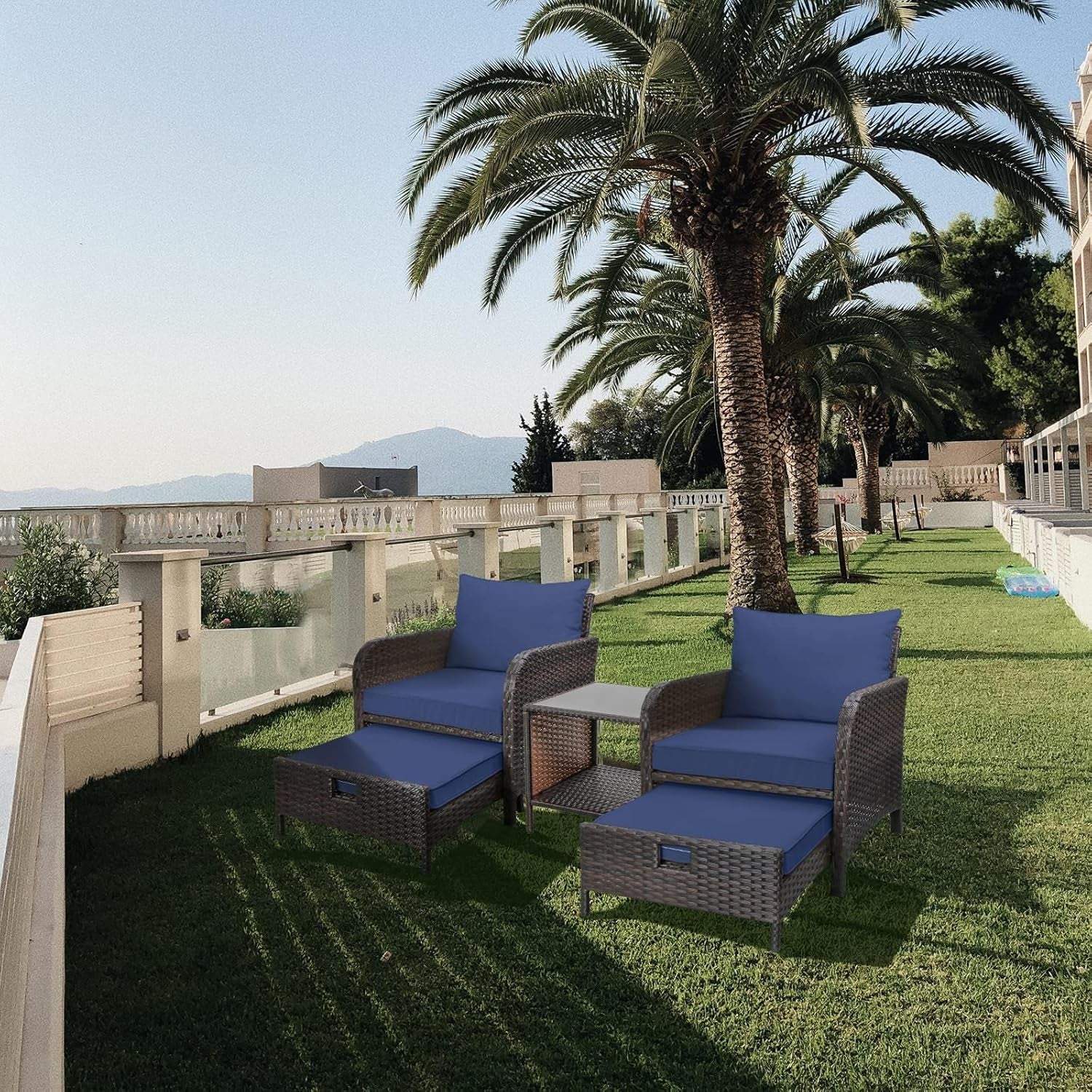 Balcony Furniture 5 Piece Patio Conversation Set, PE Wicker Rattan Outdoor Lounge Chairs with Soft Cushions 2 Ottoman&Glass Table for Porch, Lawn-Brown Wicker