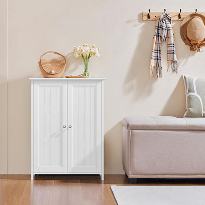 Bathroom Floor Cabinet, Modern Storage Freestanding Organizer Cabinet with Adjustable Shelves & Double Doors, 3-Tier Home Living Room Furniture, White
