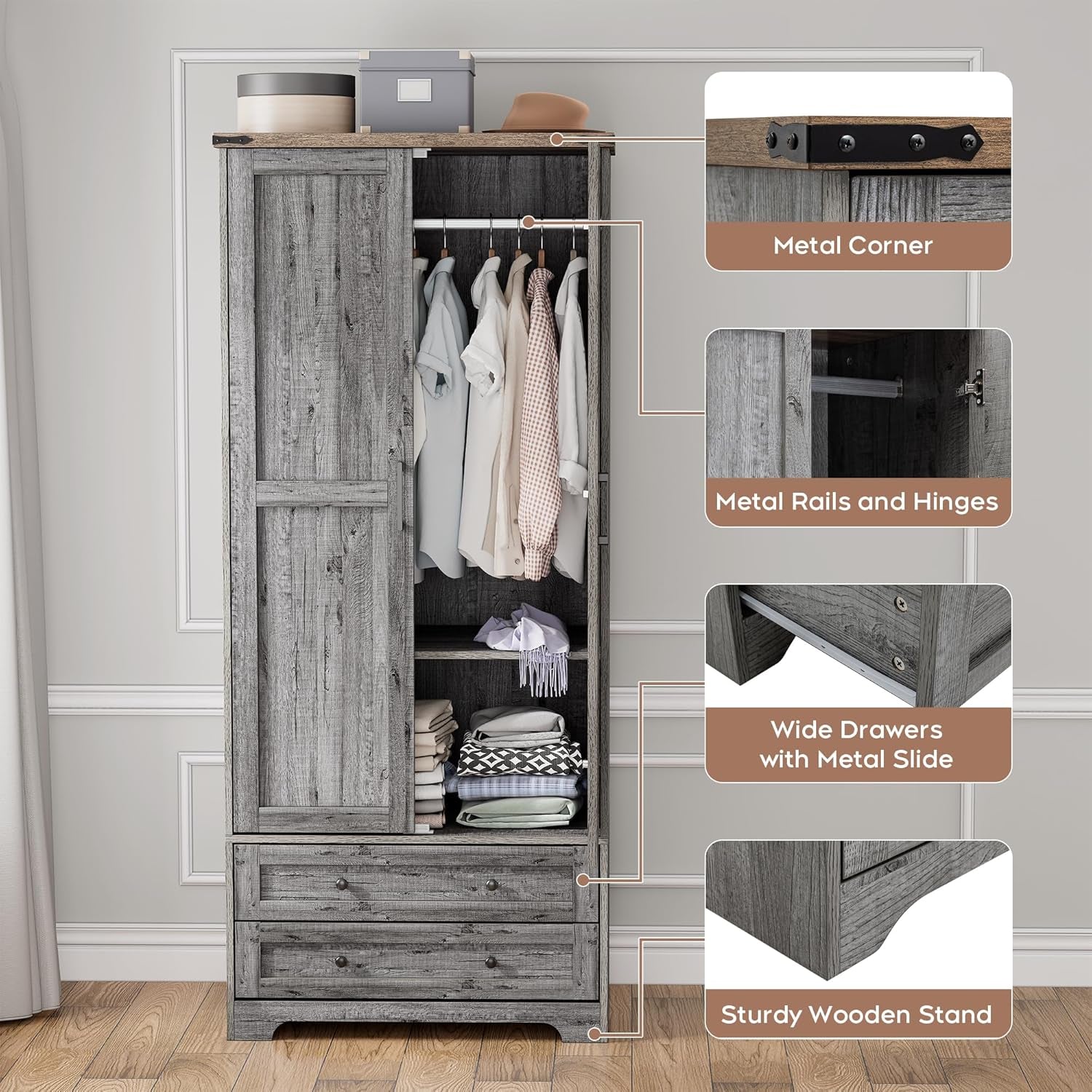 Armoire Wardrobe Closet with 2 Modern Doors, 71" Tall Freestanding Closet Wardrobe Cabinet with Drawers and Hanging Rail, Light Wooden Storage Cabinet with Shelve for Bedroom (Grey, 2 Doors)