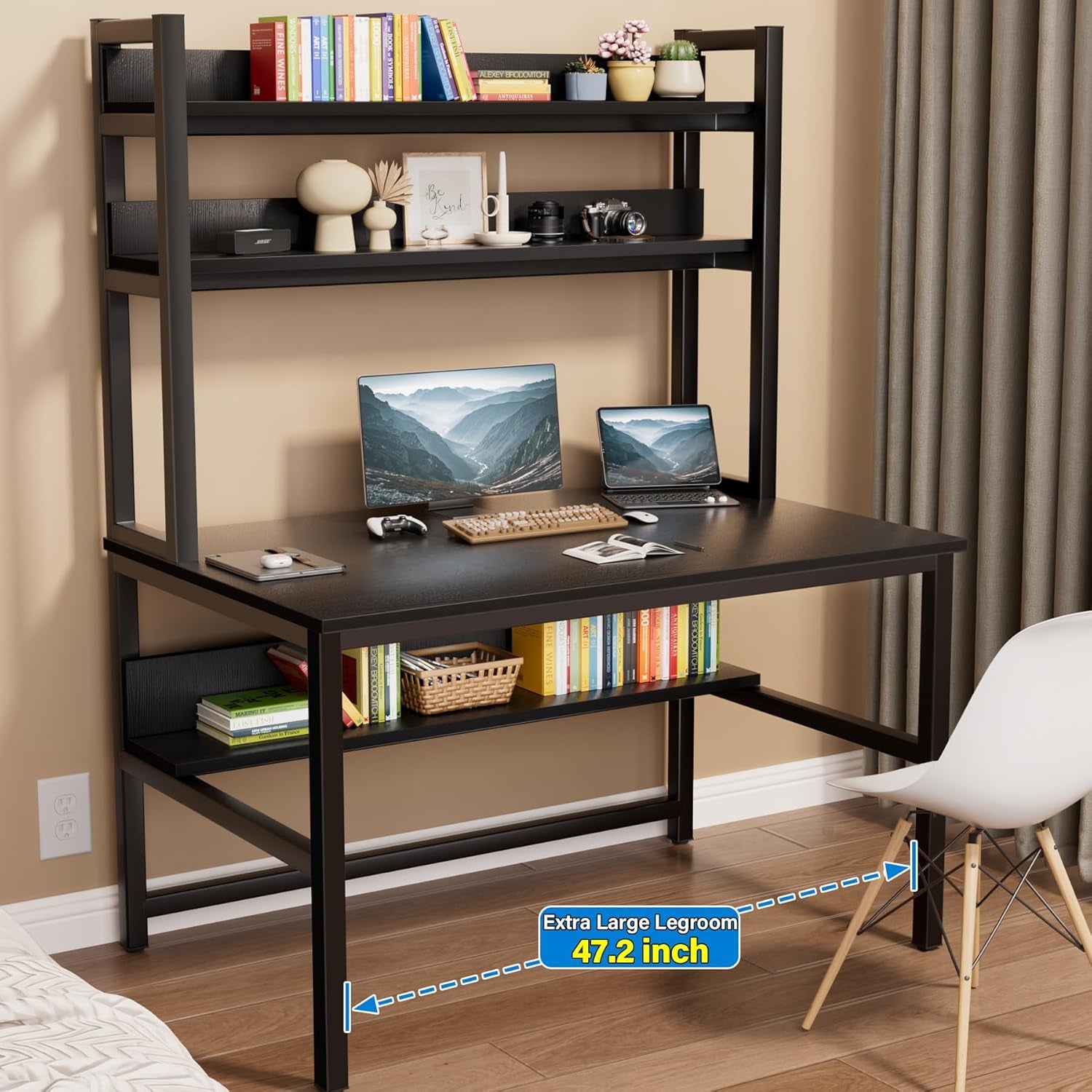Computer Desk with Hutch and Bookshelves, Large Leg Room 47 Inch Width Black Desk with Space Saving Storage Shelves for Home Office,Study, Work, Easy Assemble