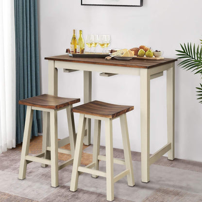 3 Piece Pub Dining Set, Counter Height Pub Table with 2 Saddle Bar Stools, Tavern Collection Table Set for Living Room, Kitchen, Small Space (Brown & Milky White)