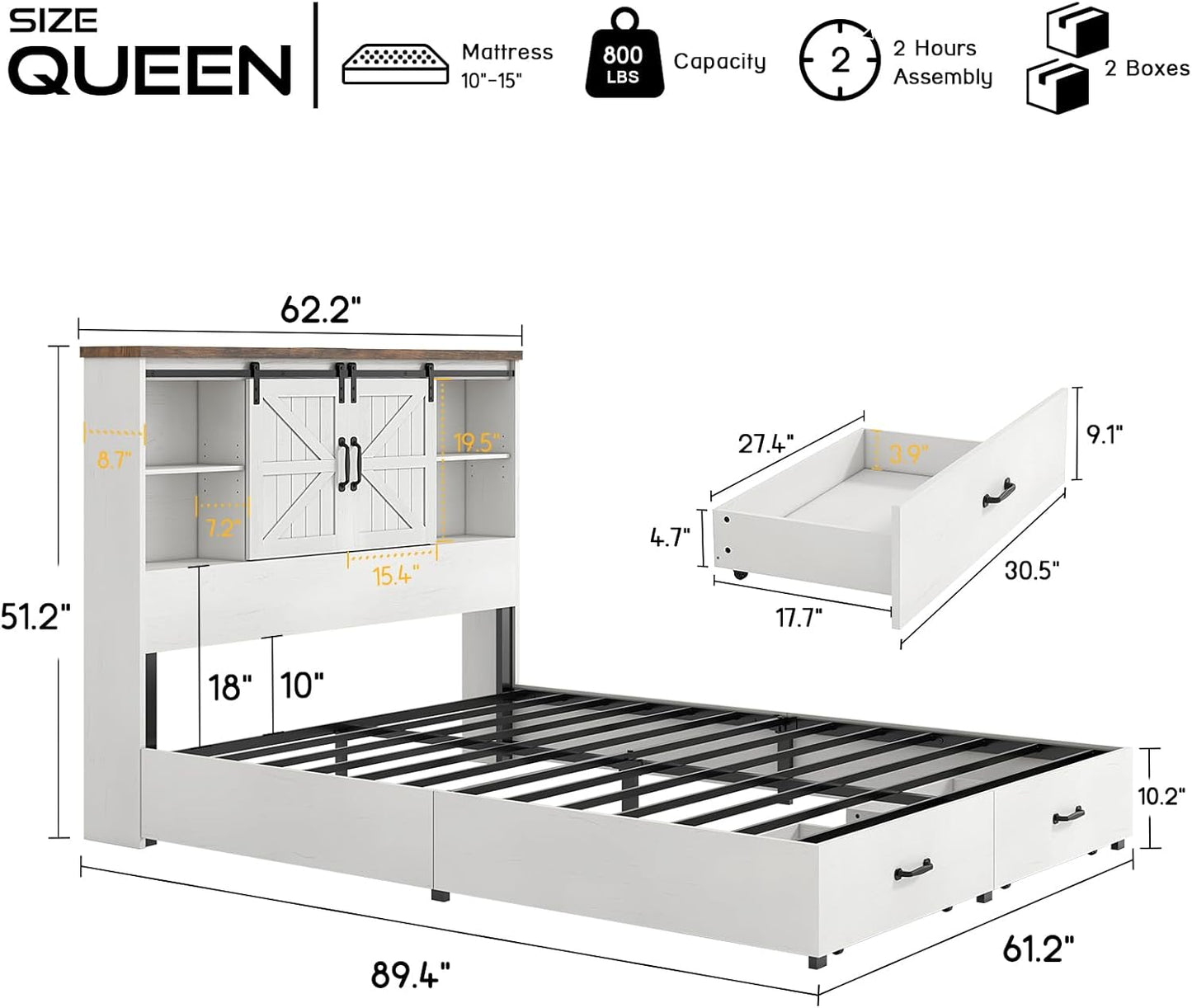 Queen Size Bed Frame with 51.2" Bookcase Headboard, Wood Platform Bed with Sliding Barn Door & Charging Station, Storage Bed with 2 Drawers, Farmhouse/No Box Spring Needed/White