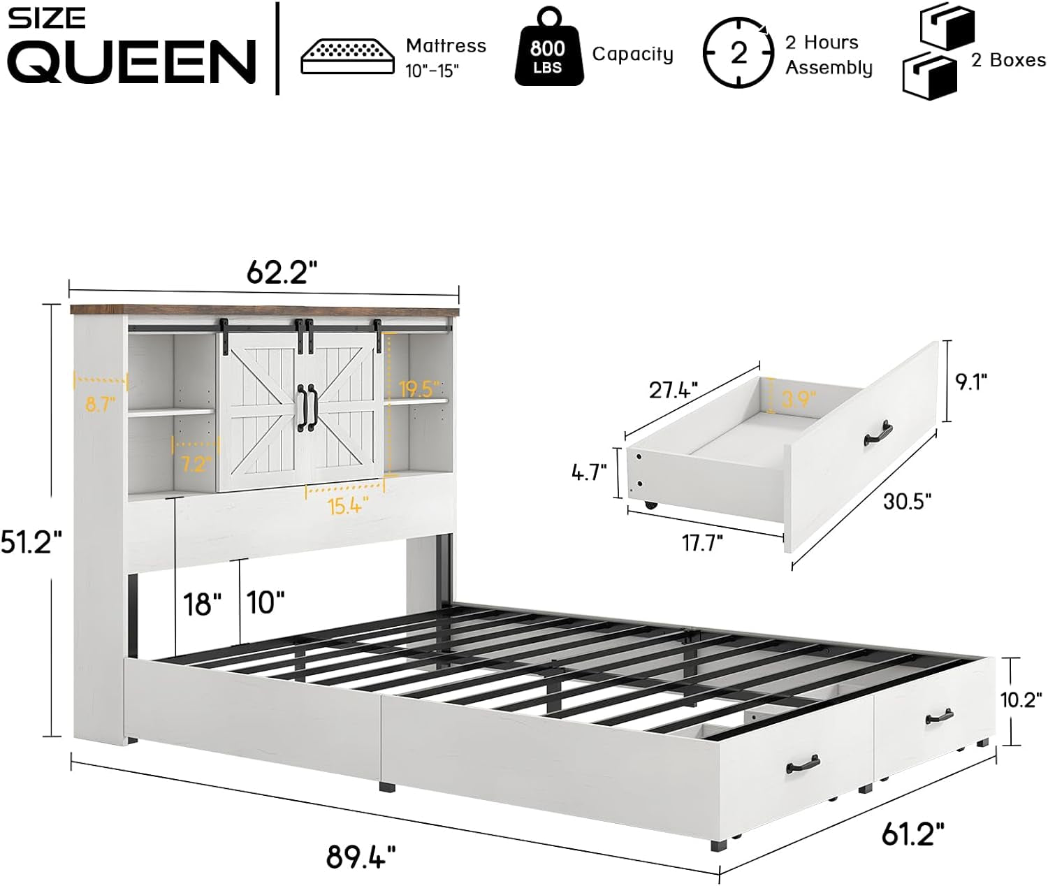 Queen Size Bed Frame with 51.2" Bookcase Headboard, Wood Platform Bed with Sliding Barn Door & Charging Station, Storage Bed with 2 Drawers, Farmhouse/No Box Spring Needed/White