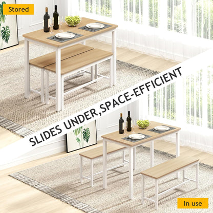43" Dining Table Benches Set for 4, Modern Space Saving Kitchen Table Chairs & Adjustable Feet Breakfast Table 2 Benches, Wooden Industrial Style Farmhouse, White