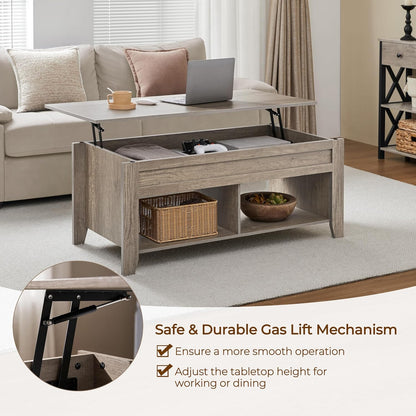 Lift Top Coffee Table, Coffee Table with Hidden Storage Compartment & Lower Shelf, 39.5In Center Table for Living Room, Office, Grey