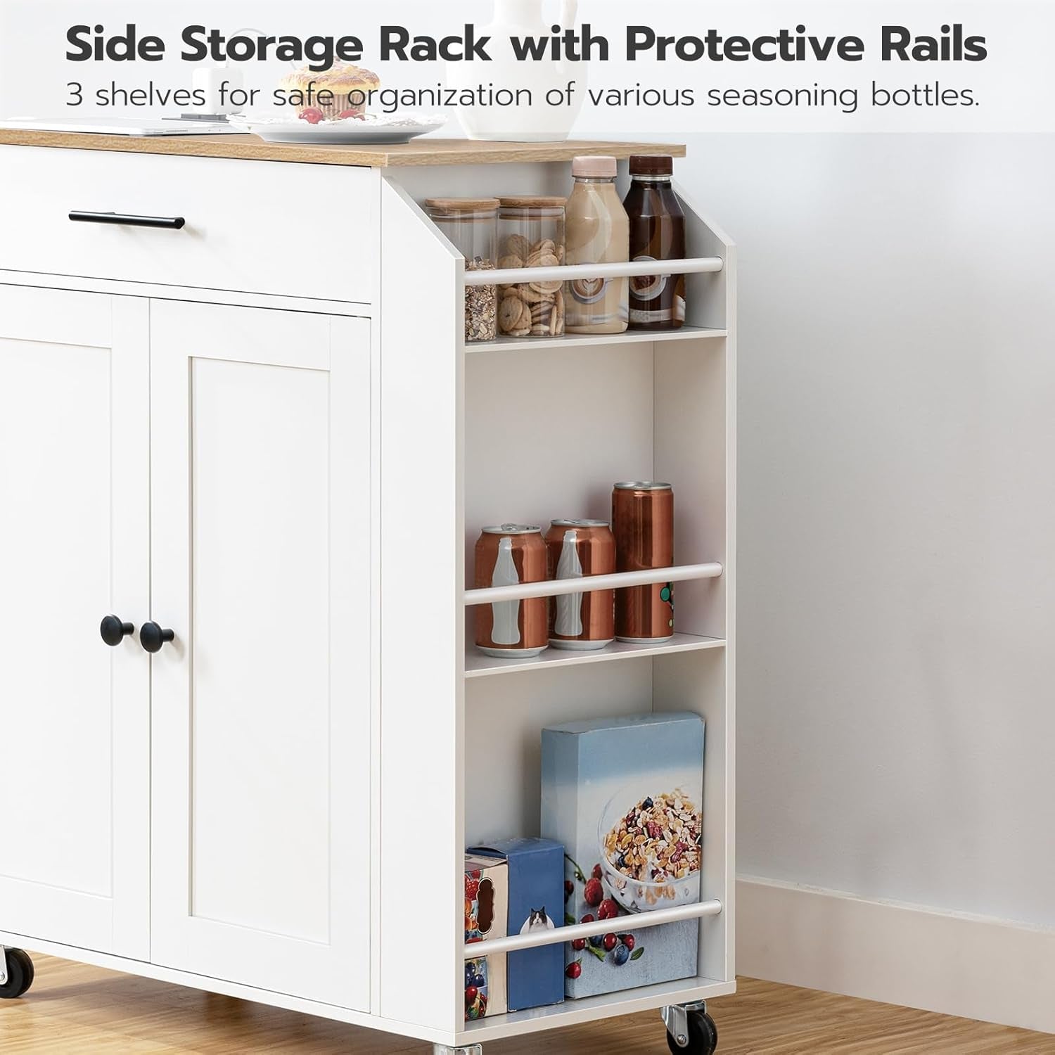 Kitchen Island with Power Outlet, Kitchen Storage Island with Spice Rack and Drawer, Rolling Kitchen on Wheels, for Home, Dining Room, Natural and White
