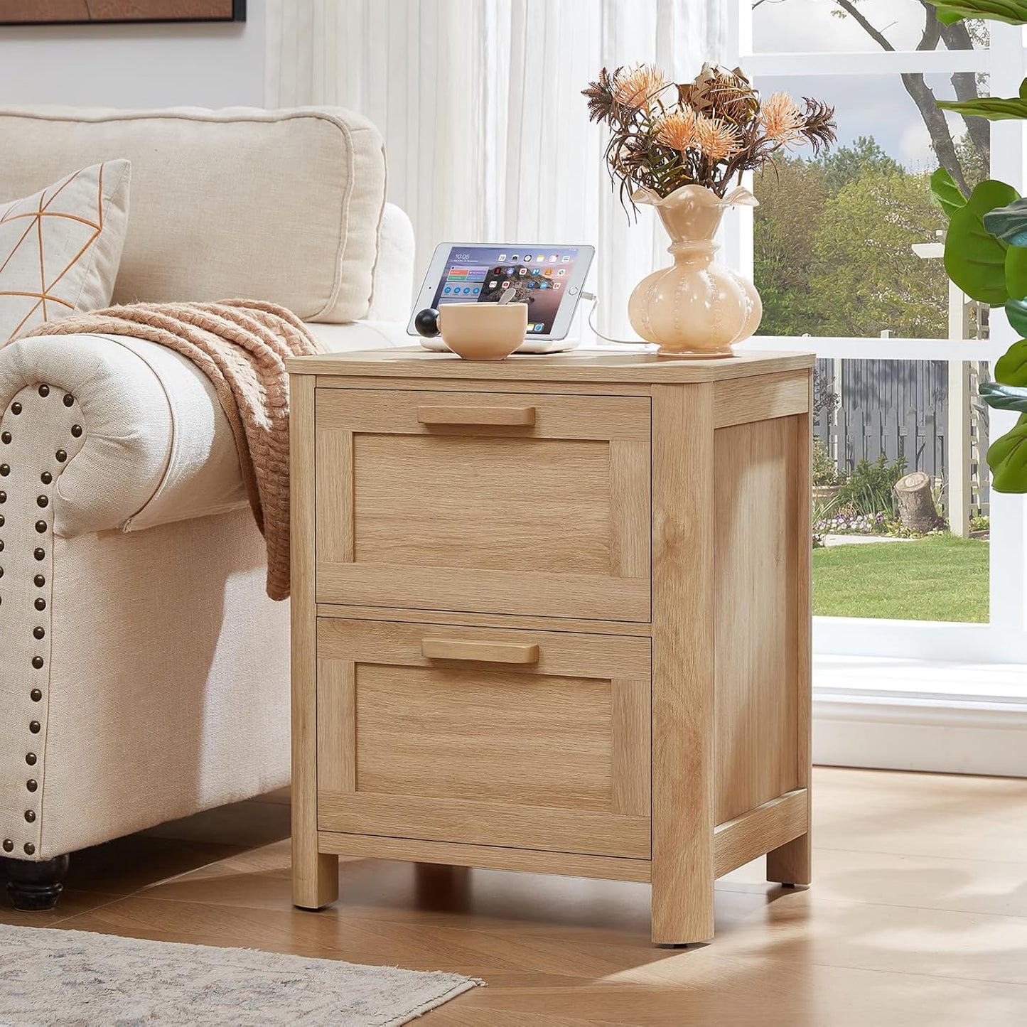 Farmhouse Nightstand with Charging Station, End Tables Bedroom with 2 Large Drawers & 4 Thickened Table Legs, Natural Wood