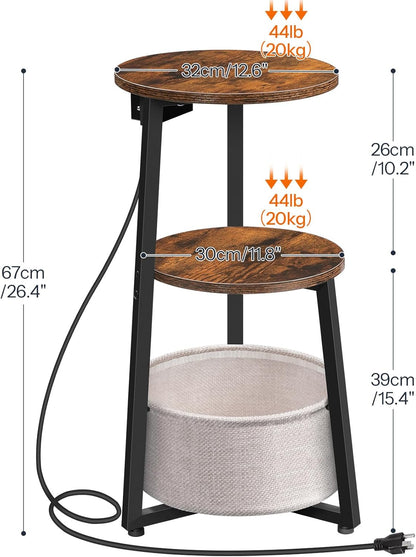 Small round Side Table with Charging Station, round End Accent Table with Storage Basket, Compact Sofa Bedside Table for Small Space in Living Room, Bedroom, Rustic Brown BF169UBZ01