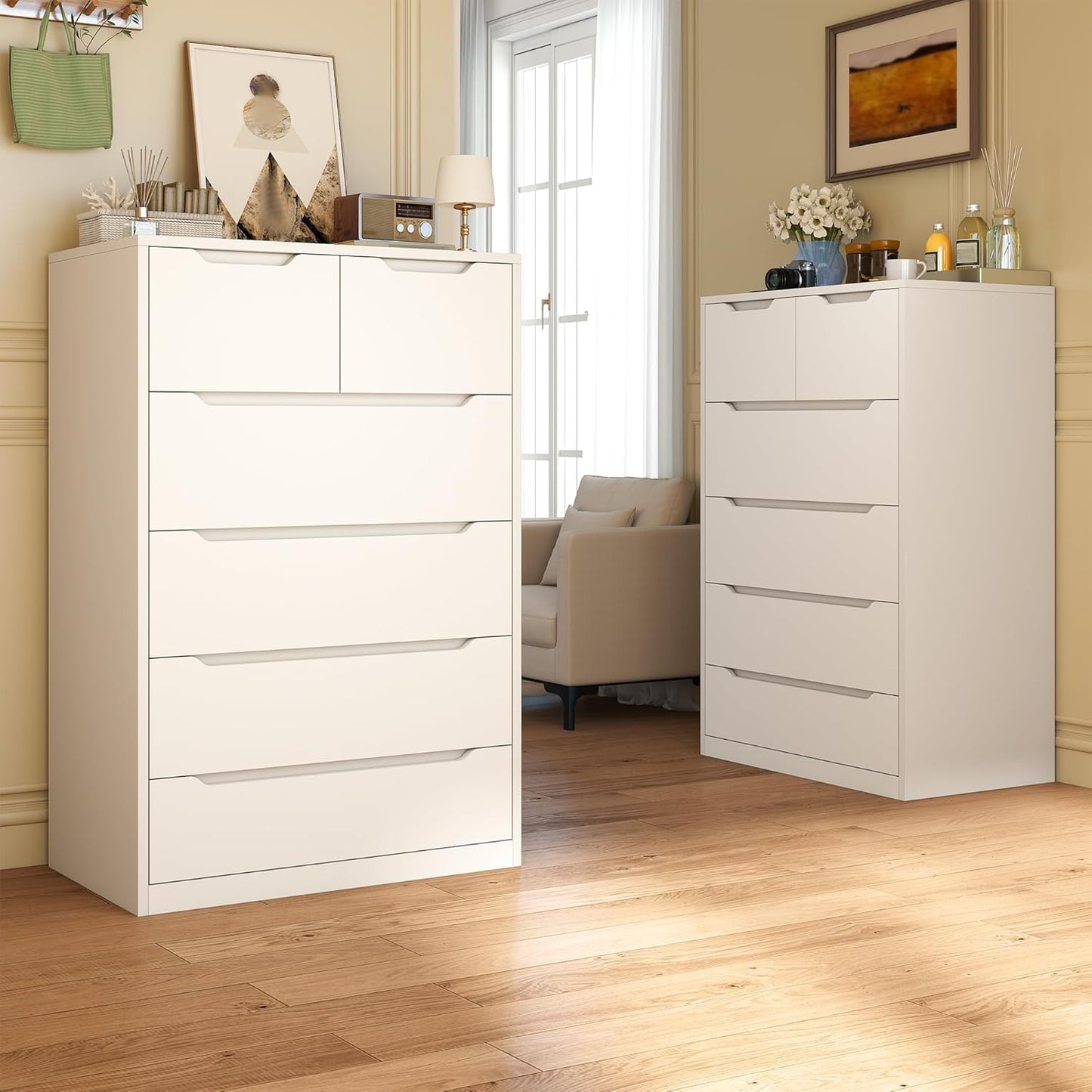 6 Drawer Dresser for Bedroom Tall Chest of Drawers for Hallway,White,43.2" H X 27.6" W X15.6 D