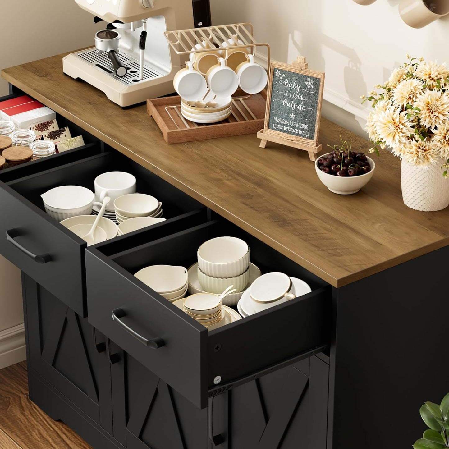 Modern Farmhouse Buffet Sideboard Cabinet, Barn Doors Storage Cabinet with Drawers and Shelves, Wood Coffee Bar with Storage for Dining Room, Kitchen, Living Room, Black/Rustic Brown