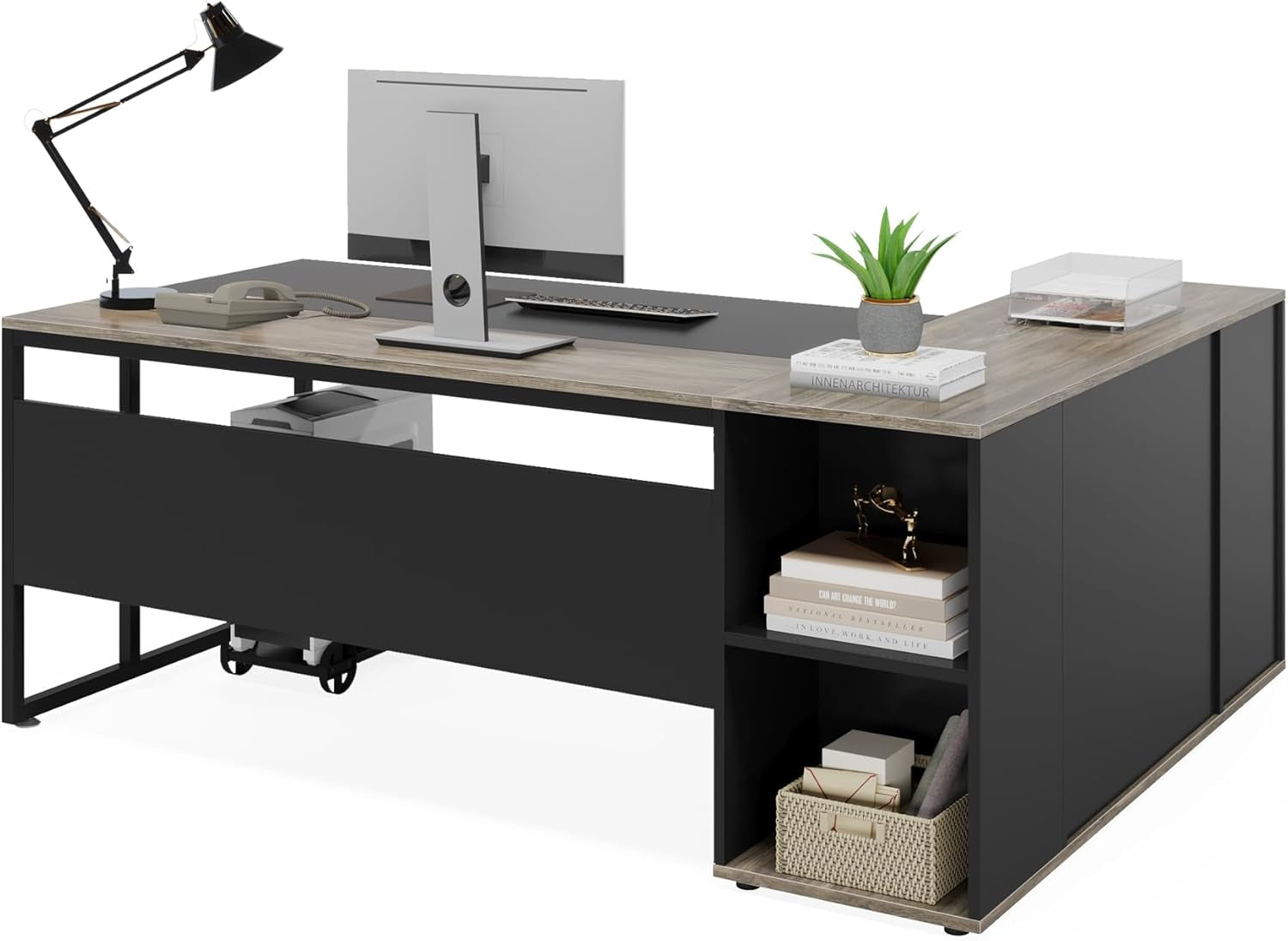 71 Inch Executive Desk, L Shaped Desk with Cabinet Storage, Executive Office Table with Shelves, Business Furniture Set Workstation for Home Office, Gray