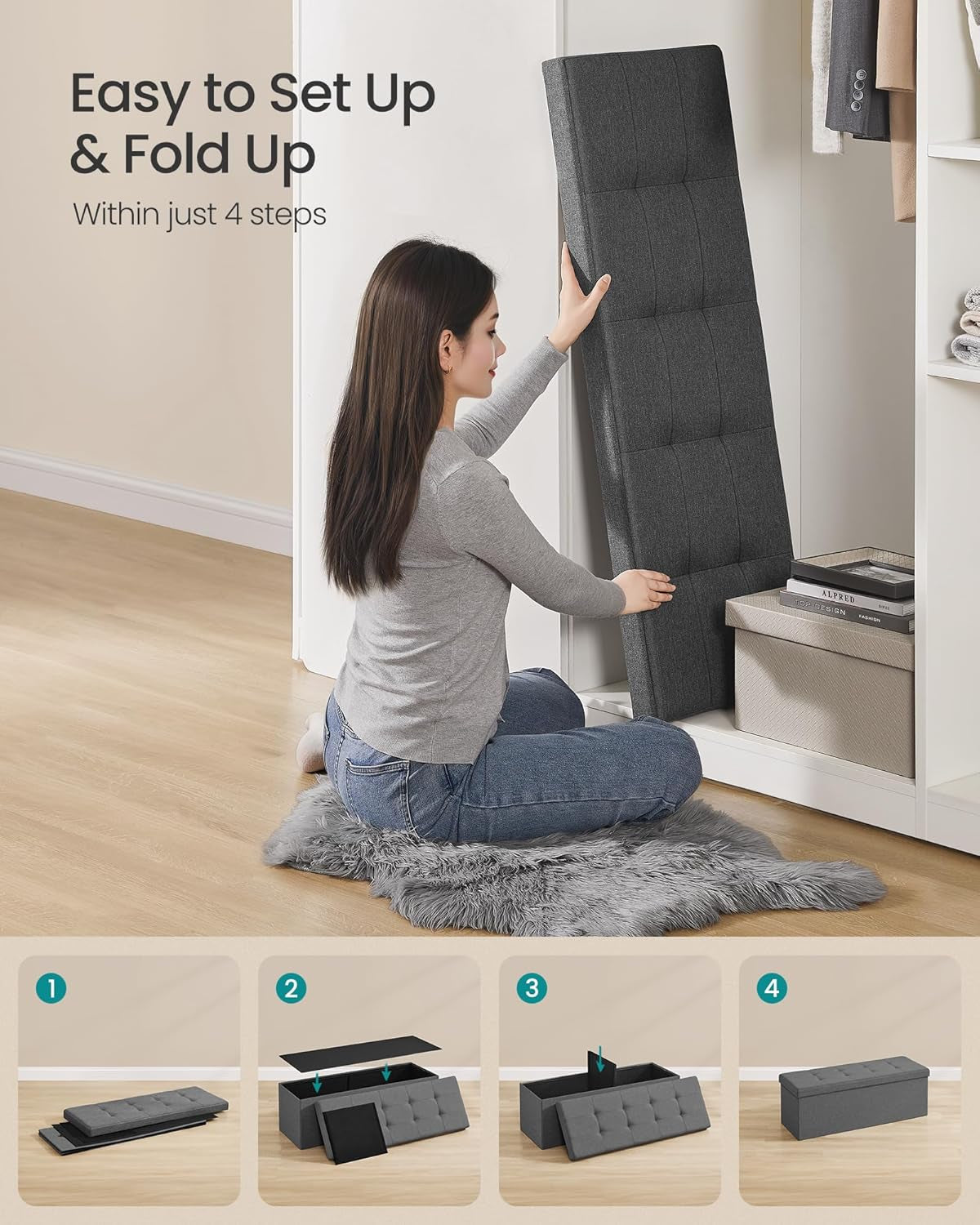 MAZIE Collection - 43 Inches Folding Storage Ottoman Bench, Ottoman Foot Rest, End of Bed Bench, Storage Chest, Load 660 Lb, for Living Room, Bedroom, Entryway, Dark Gray ULSF77K