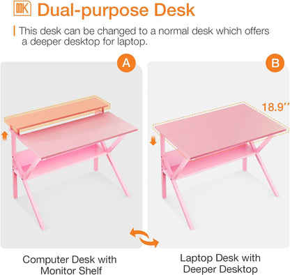 Small Desk, 27.5 Inch Computer Desk for Small Spaces, Study Desk with Storage & Monitor Stand, Pink
