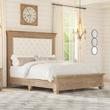 Queen Rustic Solid Wood Bed Frame with 68" Tall Headboard, Farmhouse Chenille Upholstered Panel Platform Bed Mattress Frame, Button Tufted/Antique Brass Nail Trim/No Box Spring Needed, Milk Ash