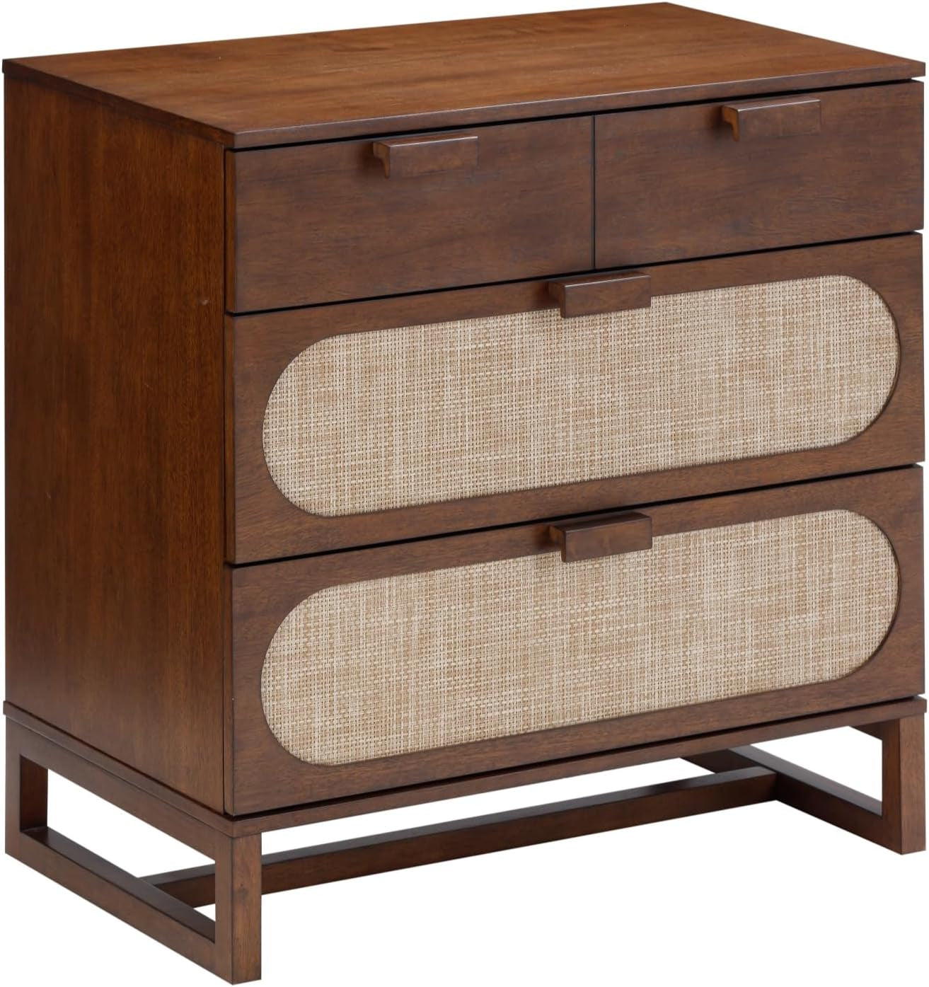 Paxton Mid-Century Modern Dresser for Bedroom, 3-Drawer Dresser with Solid Wood Frame and Textilene Rattan Accent, Dark Walnut
