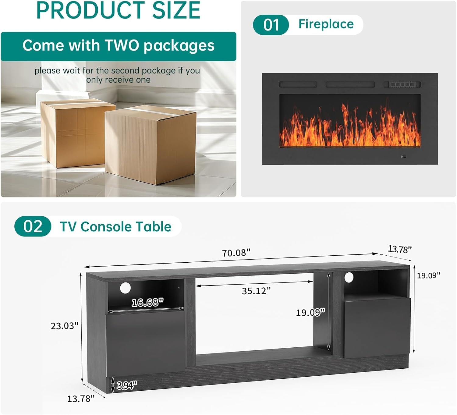 70” TV Stand with 36” Electric Fireplace, Large Modern Media Entertainment Center with Storage Cabinet and 12 Colors LED Lights for Tvs up to 80", Black TV Stand and Black Fireplace