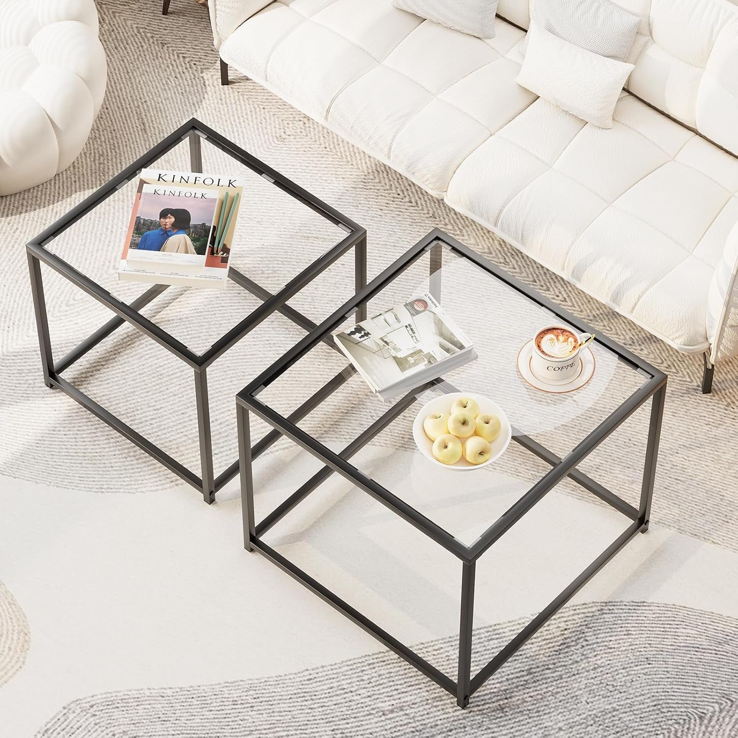 Coffee Table Set of 2, Modern Glass Nesting Table, Metal Frame Square Center Table Set, Side Tables, Nesting Coffee Table for Living Room, Bedroom and Small Spaces, 23.6In Black