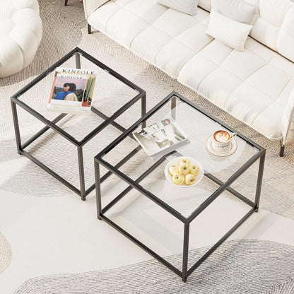 Coffee Table Set of 2, Modern Glass Nesting Table, Metal Frame Square Center Table Set, Side Tables, Nesting Coffee Table for Living Room, Bedroom and Small Spaces, 23.6In Black