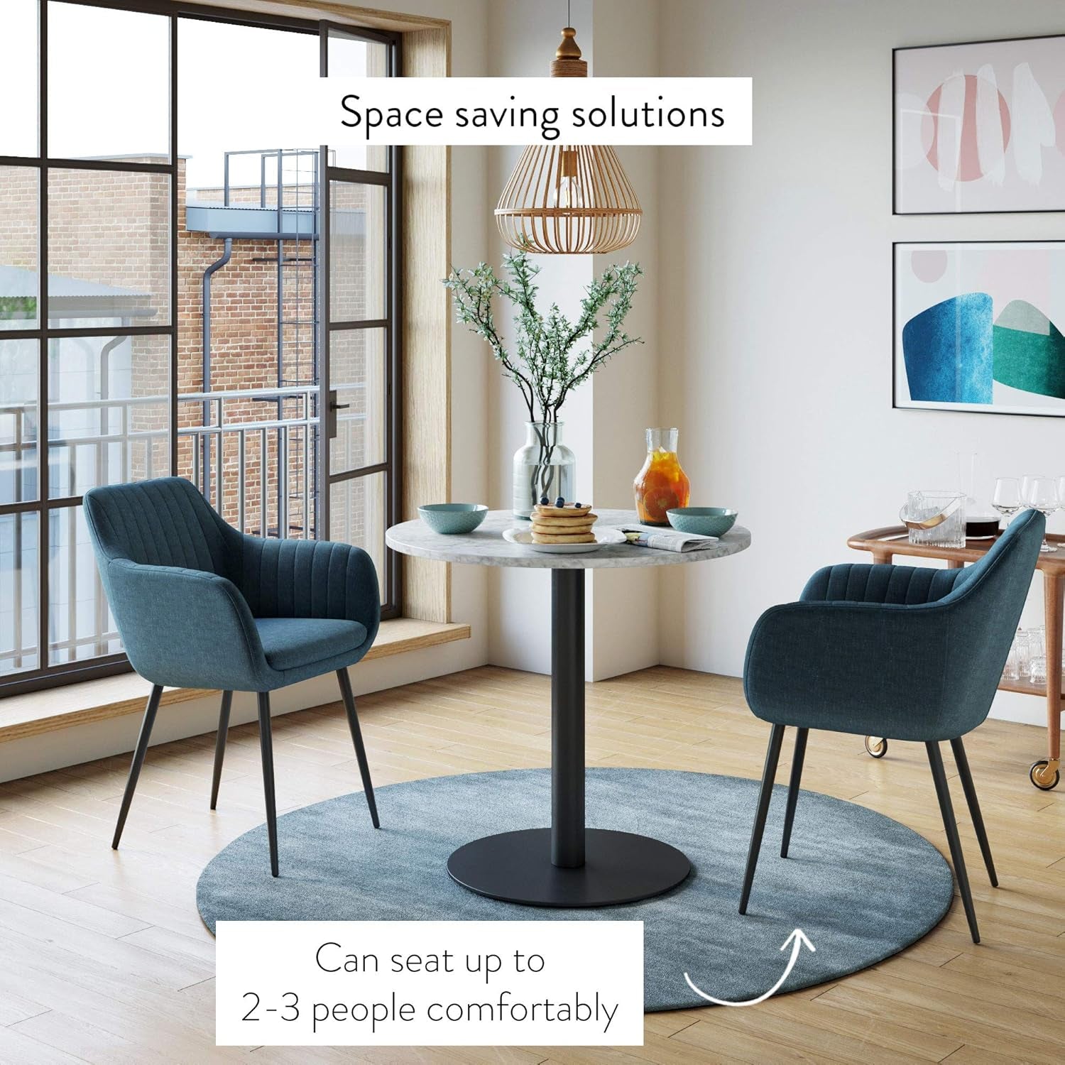 Bistro Lucy Small Mid-Century Modern Kitchen or Dining Table with Faux Carrara Marble Top and Brushed Metal Pedestal Base, Black, 31.5D X 31.5W X 29H In