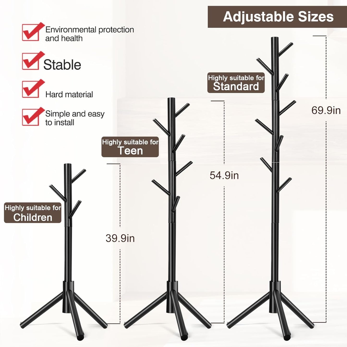 Coat Rack, Freestanding Coat Rack with 8 Hooks and 3 Adjustable Size Tree Coat Racks for Bedroom, Hallway, Entrance, Office, for Hats, Coats, Scarves, Handbags