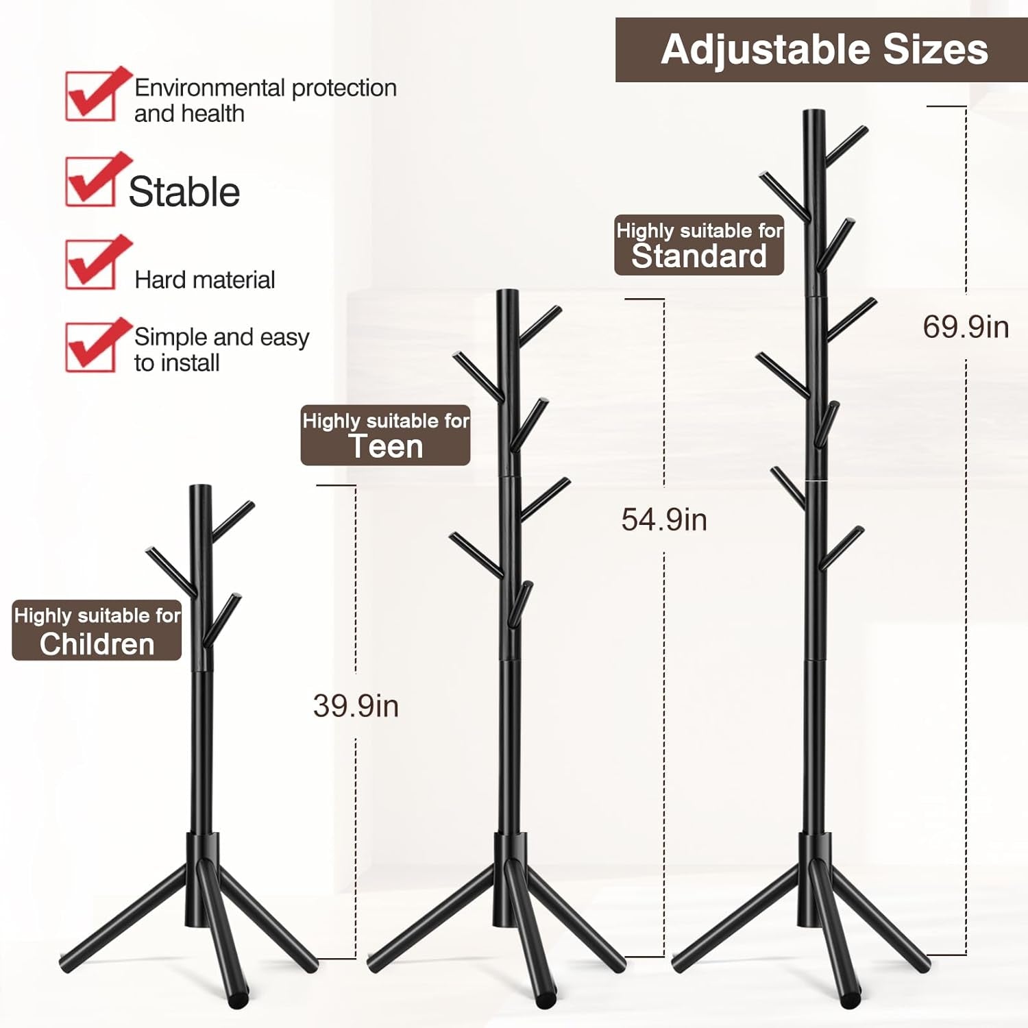 Coat Rack, Freestanding Coat Rack with 8 Hooks and 3 Adjustable Size Tree Coat Racks for Bedroom, Hallway, Entrance, Office, for Hats, Coats, Scarves, Handbags