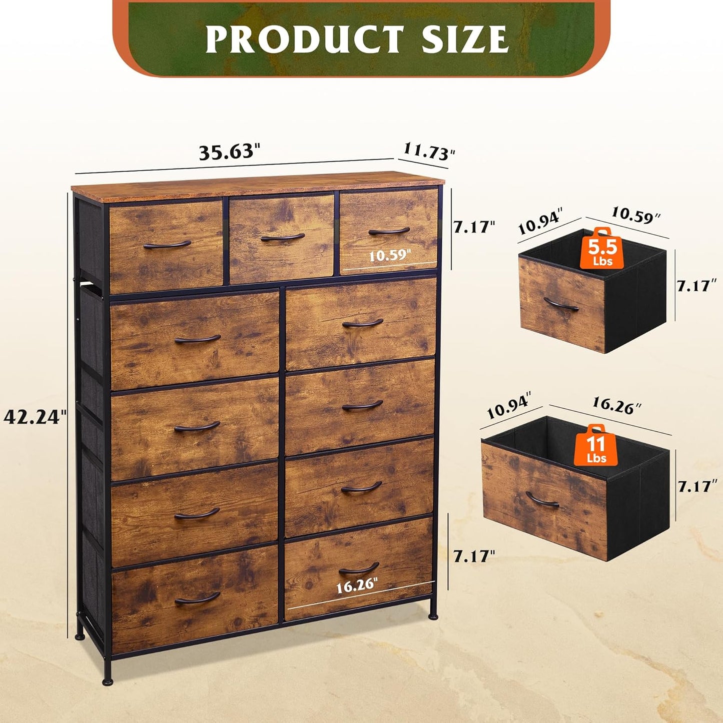 Storage Organizer Unit with 11 Fabric Bins, Storage Drawers Organizer with Steel Frame, Tall Storage Tower Organizaton for Living Room, Hallway, Office, Rustic Brown