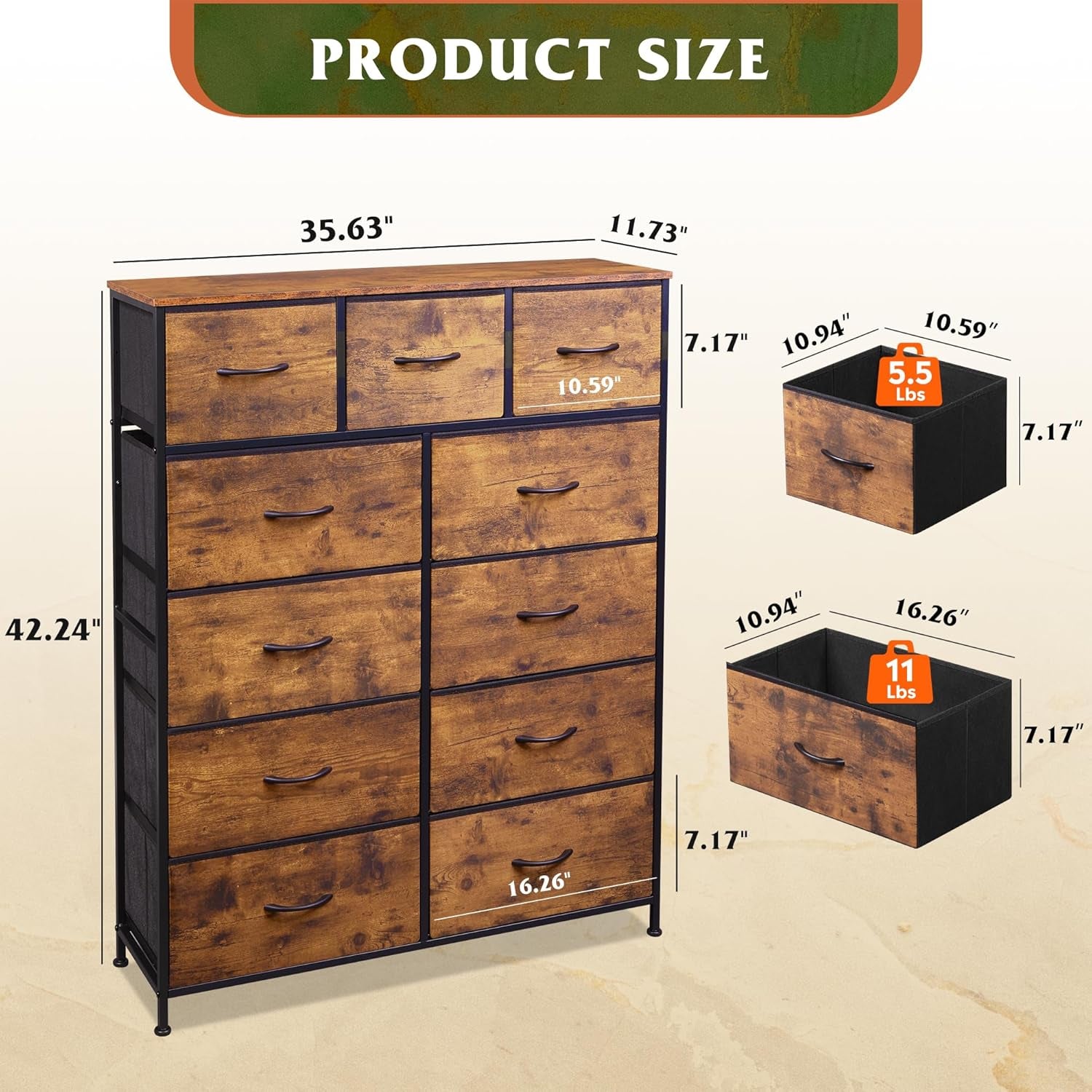 Storage Organizer Unit with 11 Fabric Bins, Storage Drawers Organizer with Steel Frame, Tall Storage Tower Organizaton for Living Room, Hallway, Office, Rustic Brown