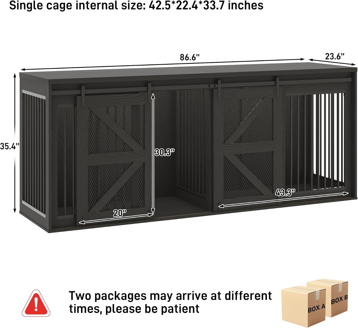 87In Farmhouse Dog Crate TV Stand, Wooden Dog Kennel Furniture with Sliding Metal Mesh Barn Door, Large Dog Crate Furniture for 2 Dogs, Solid Metal Tube & 2 Lockable Doors, White & Brown