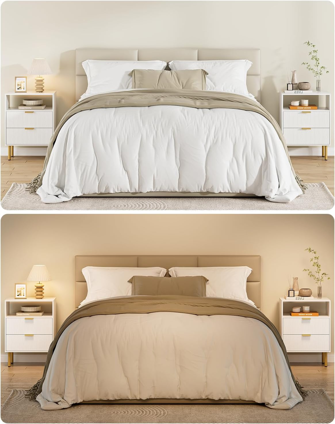 Night Stand,Tall Bedside Table with 3Storage Drawers,White Nightstand,Bedside Furniture,Side Table with Gold Frame,End Table for Bedroom,Living Room (Modern-2Drawers 1Shelf, White)