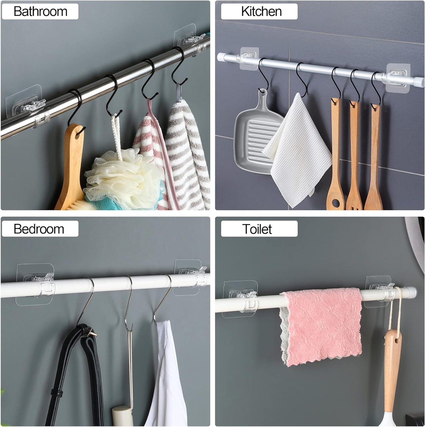 Self Adhesive No Drill Adjustable Curtain Rod Holder Hooks Brackets, Nail Free, No Drilling Hangers for Bathroom, Kitchen, Home, Bathroom and Hotel, Transparent, 8PCS