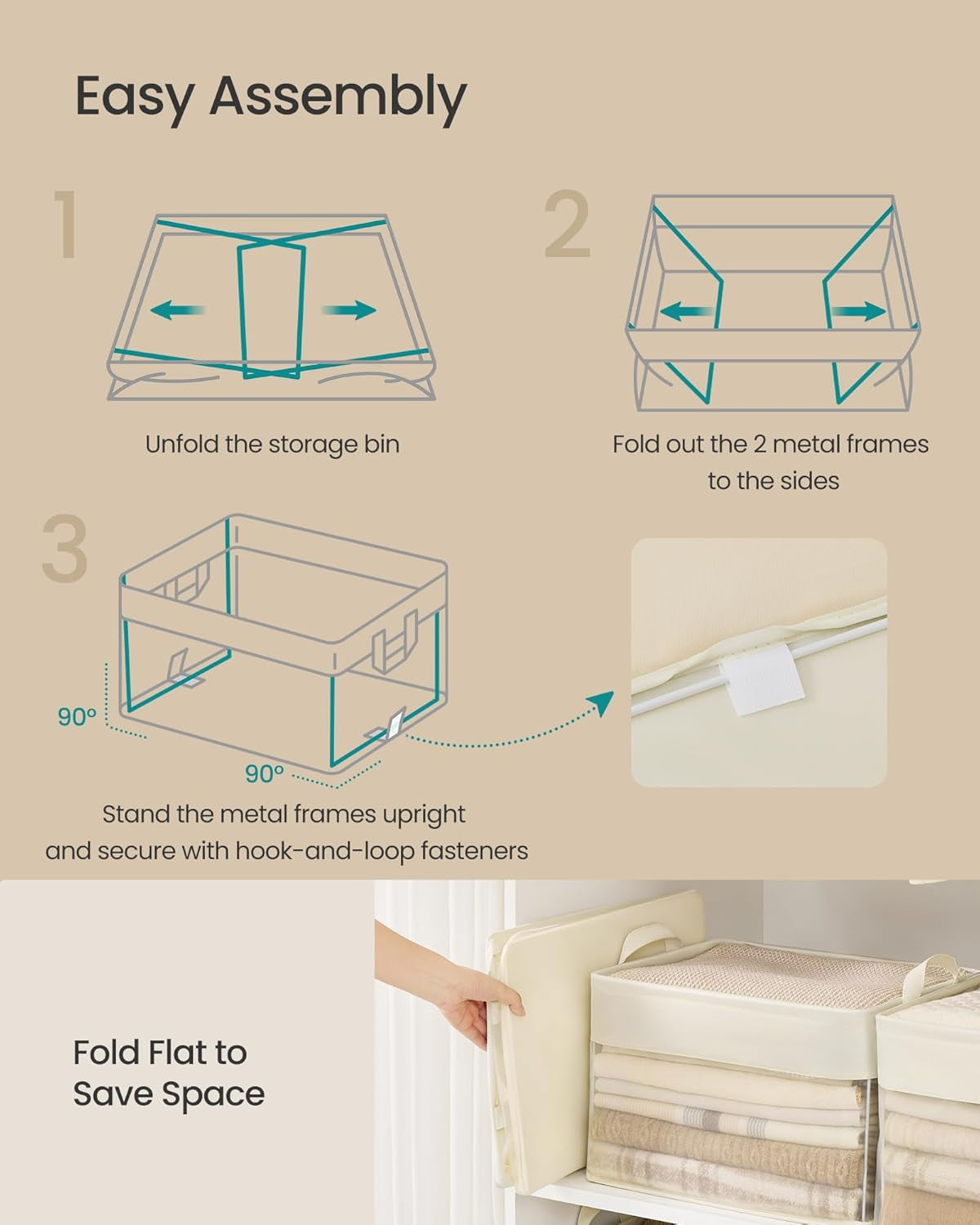 Closetorganizers Set of 3, Medium Fabric Storage Baskets, Foldable Organizer with Transparent Nylon Mesh, 15.7 X 11.8 X 9.8 Inches, Handles, for Bedroom, Living Room, Cream White URFB940W01