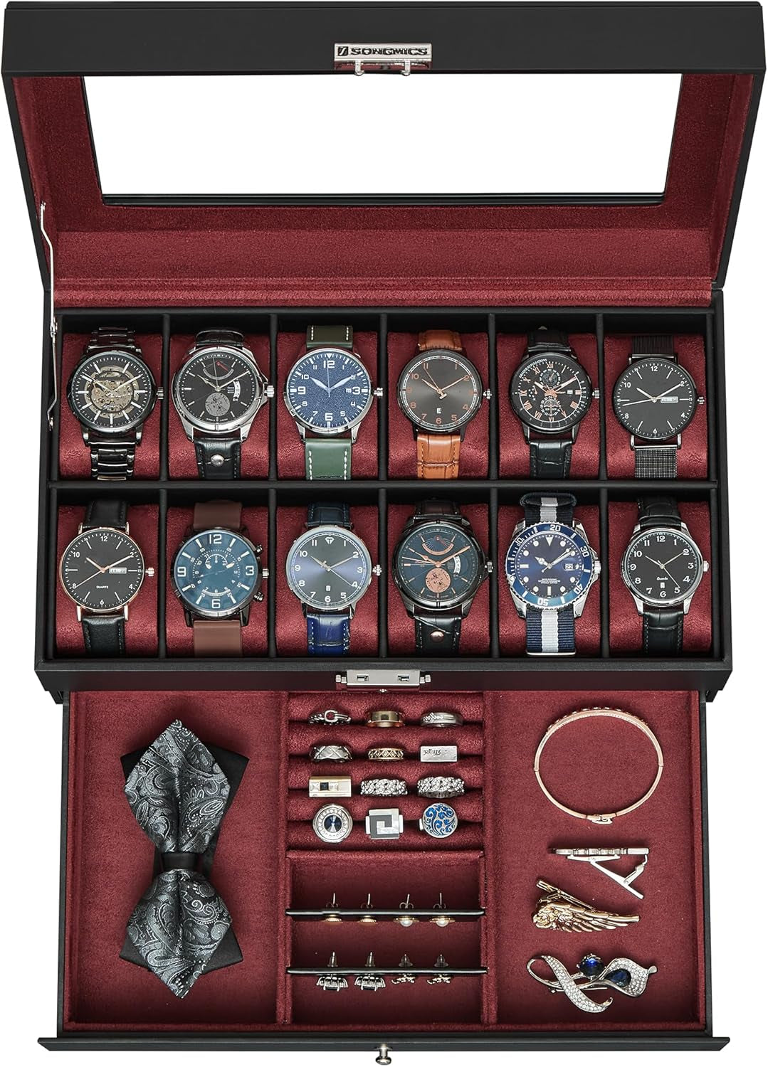 Watch Box, 20-Slot Watch Case Organizer with Large Glass Lid, Removable Pillows, Metal Lock, Gift for Loved Ones, Black Synthetic Leather, Wine Red Lining UJWB020R01