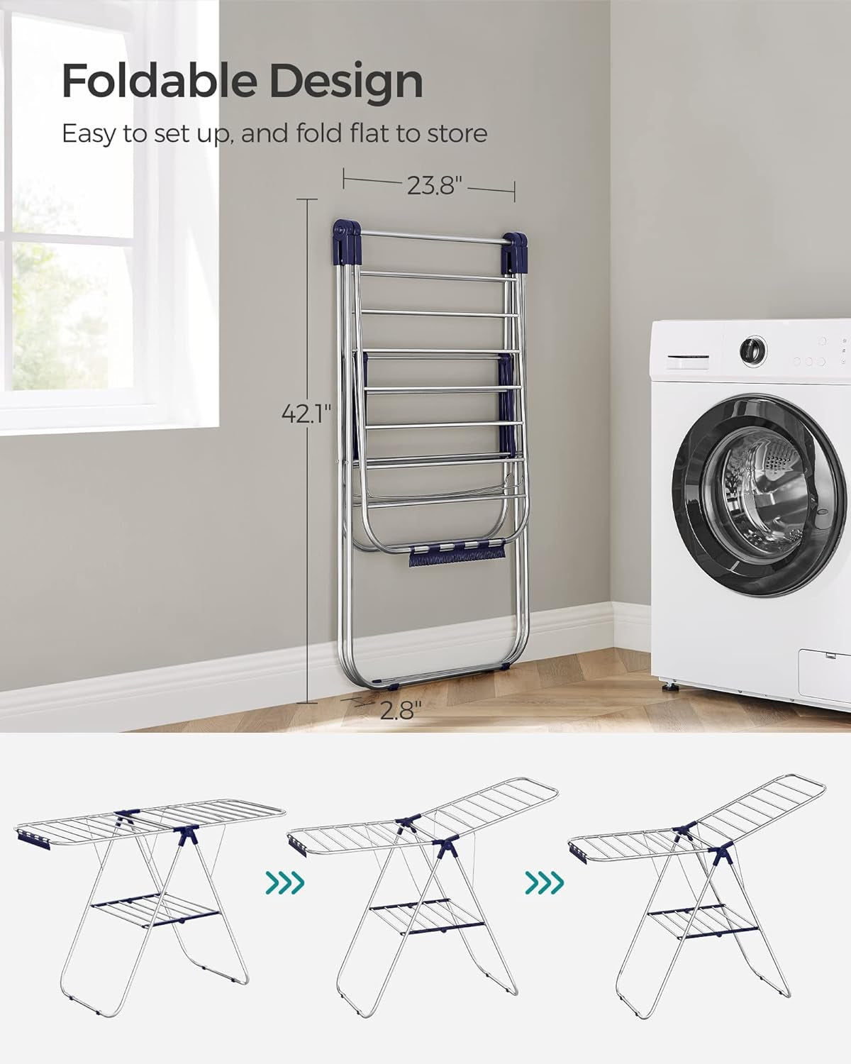 Clothes Drying Rack, with Sock Clips, Metal Laundry Rack, Foldable, Space-Saving, Free-Standing Airer, with 2 Height-Adjustable Gullwings, Indoor Outdoor Use, Silver and Blue ULLR52BU