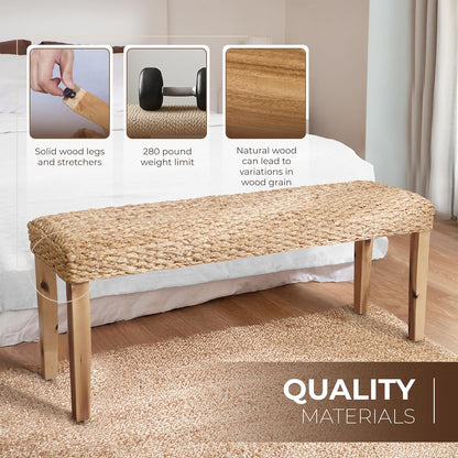 Indoor Bench Wicker for Entryway Bench, Wood Bench for Living Room Dining Bench or End of Bed Bench, 47" Boho Bench with Solid Wood Acacia & Natural Woven Seat, Rustic Farmhouse Rattan Hallway Bench