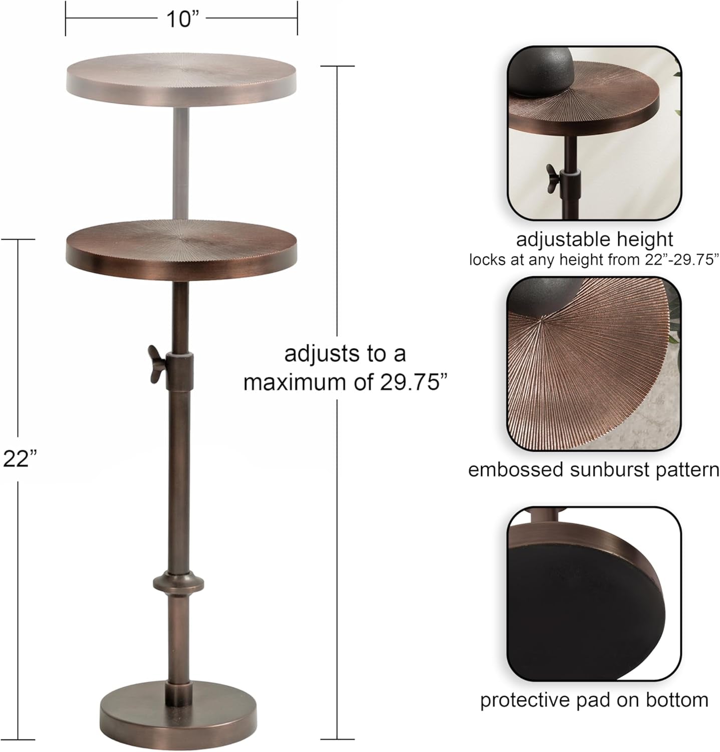 Engles Traditional Adjustable-Height Pedestal Drink Table; 10 X 10 X 30; Bronze; Vintage round Indoor Metal Plant Stand with Embossed Sunburst Pattern