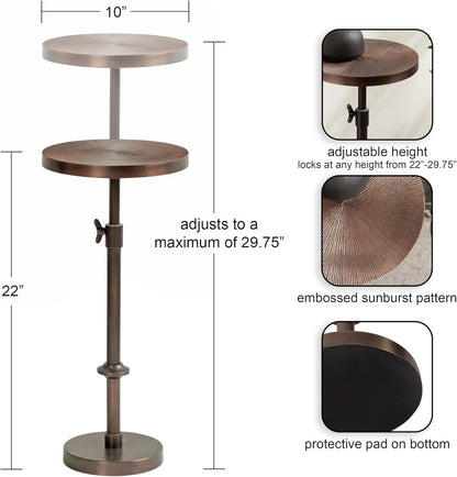 Engles Traditional Adjustable-Height Pedestal Drink Table; 10 X 10 X 30; Bronze; Vintage round Indoor Metal Plant Stand with Embossed Sunburst Pattern