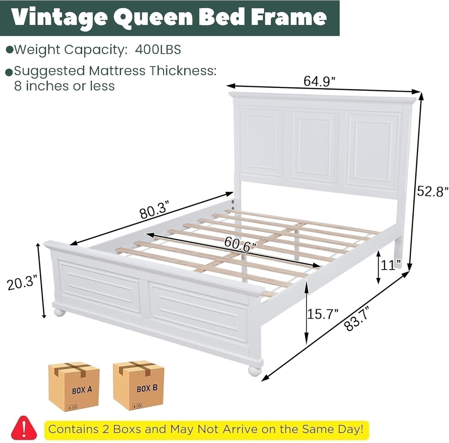 Farmhouse Queen Bed Frame with Tall Headboard and Footboard, Pinewood Panel Bed Frame Queen with under Bed Storage, Noise-Free, No Box Spring Needed, Traditional Style, White