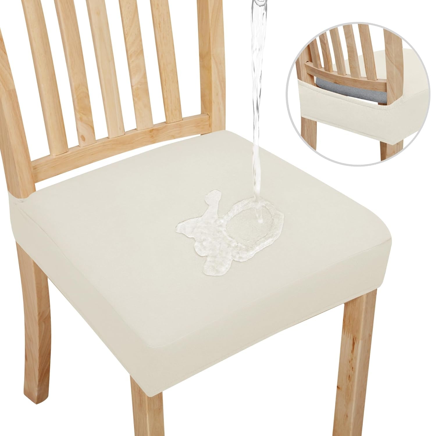 100% Waterproof Seat Covers for Dining Room Chairs Set of 4, Stretch Chair Seat Slipcovers Protector Removable and Washable Kitchen Dining Chair Covers, Ivory