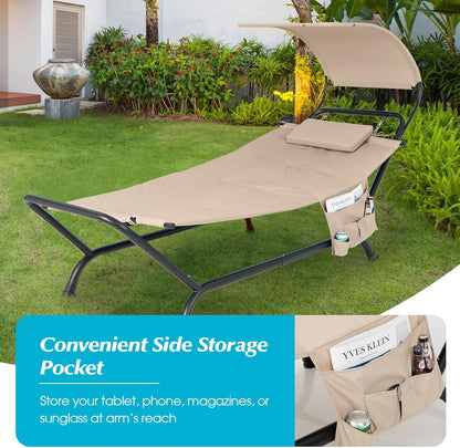 Hanging Hammock with Stand, Patio Hanging Chaise Lounge Chair W/Canopy, Cushion, Pillow & Storage Bag, Heavy Duty Swing Hammock Bed for Garden Lawn Backyard Patio Poolside Porch (Beige)