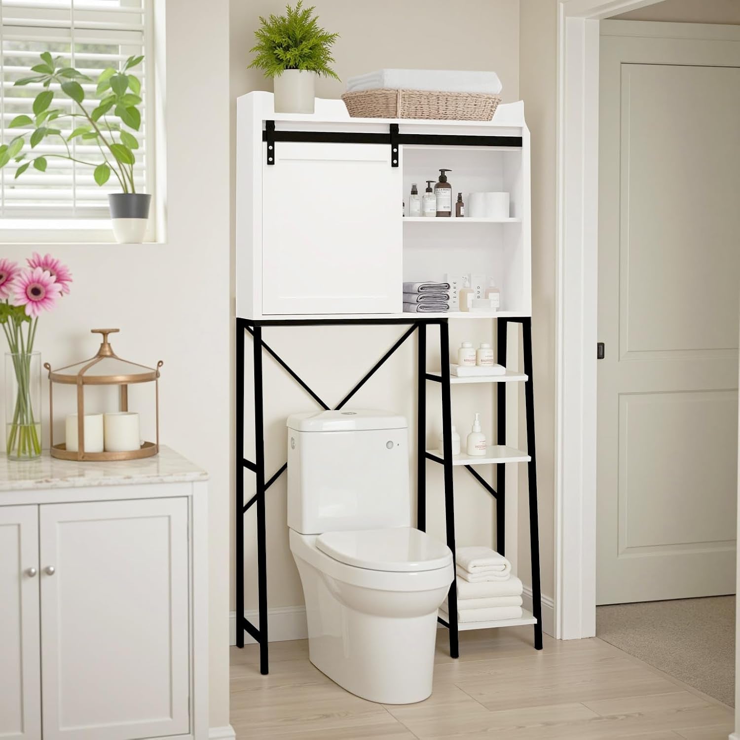Over the Toilet Storage Cabinet, over Toilet Bathroom Organizer, above Toilet Storage Cabinet with Barn Doors behind Toilet Bathroom Organizer Toilet Paper Holder Stand Laundry Cabinet