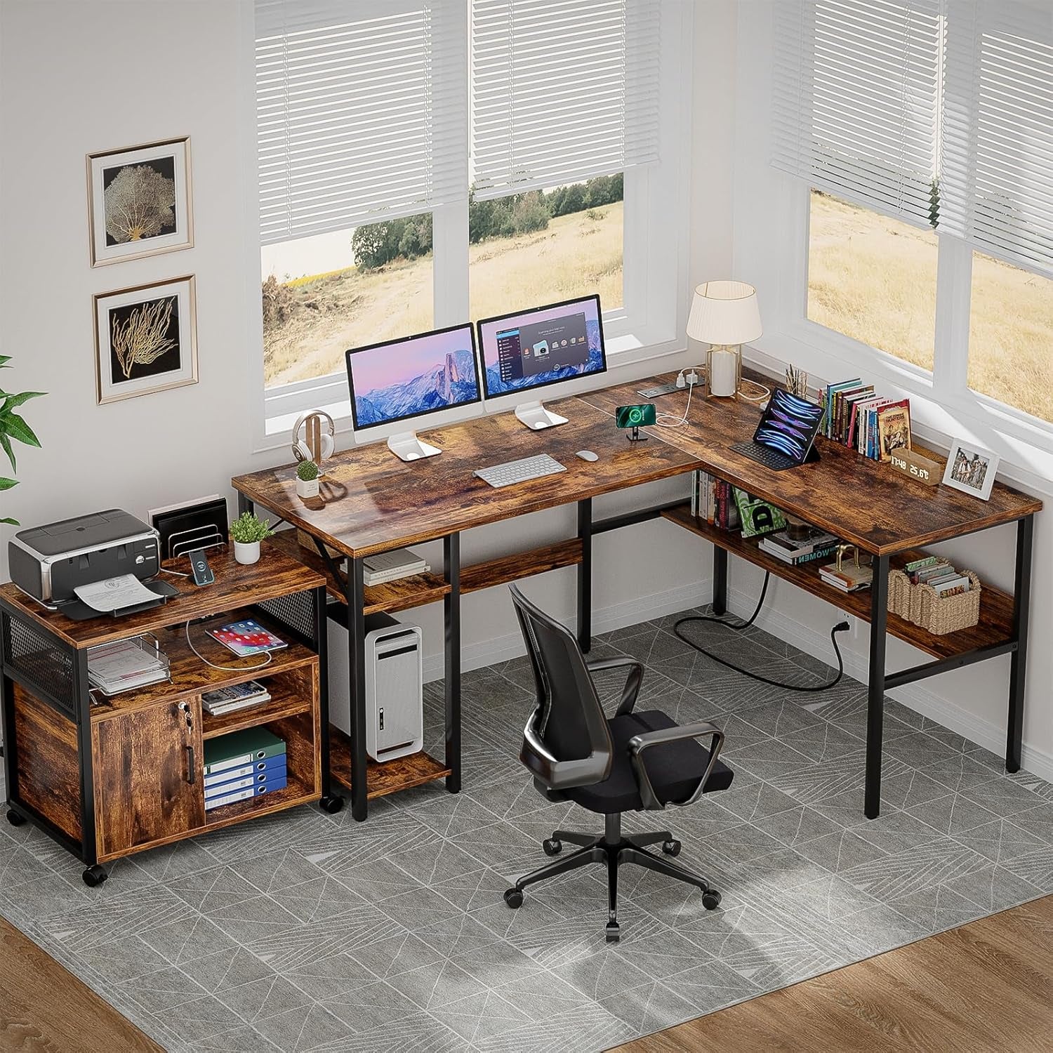 L Shaped Computer Desk with Magic Power Outlets and USB Charging Port, Sturdy Reversible Corner Desk with Storage Shelves, Modern Work Desk for Home Office, Easy to Assemble, Rustic Brown
