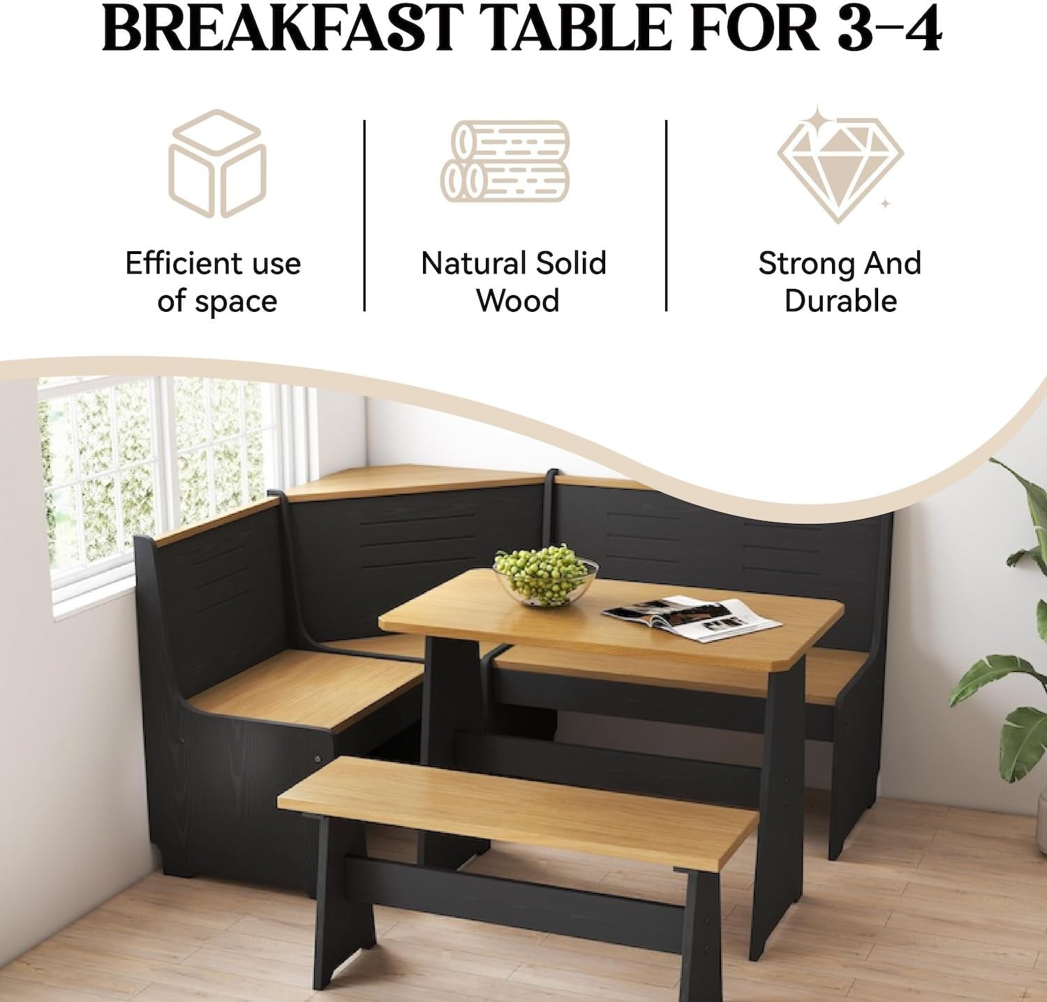 Breakfast Nook Corner Dining Table Kitchen Bench Chair Set, Space-Saving 3-5 People Seat Reversible L-Shape for Family Home Black Wood