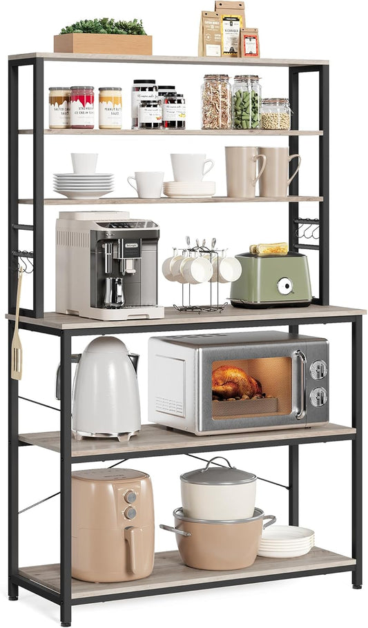 Coffee Bar, 39.4 Inches Baker'S Rack for Kitchen with Storage, 6-Tier Kitchen Shelves with 6 Hooks, Microwave Stand, Industrial, Greige and Black UKKS039K02