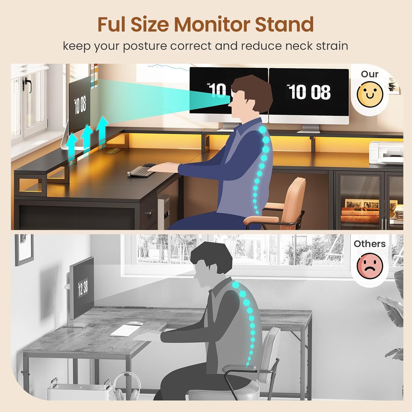 L Shaped Gaming Desk with 4 Drawers, 109” Computer Desk with Display Cabinet, Home Office Desks with 2 Monitor Stands, CPU Stand, LED Lights and Power Outlet, Black